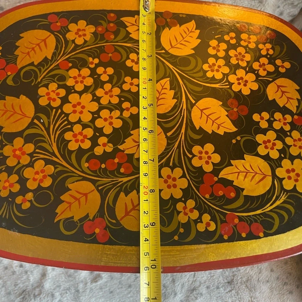 Taburetka, vintage hand-painted Xoxloma stool, USSR, 1970s